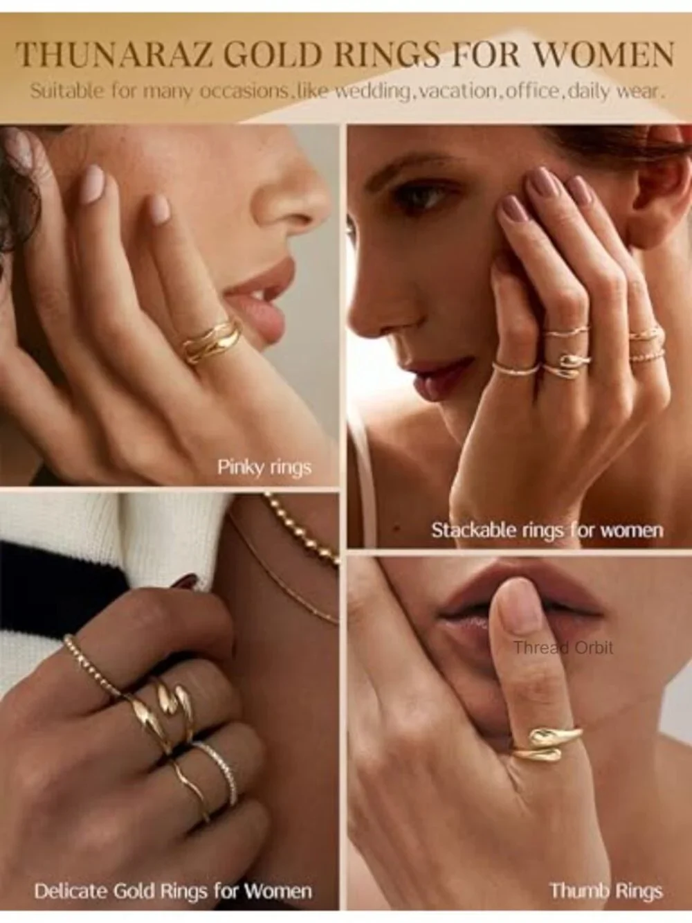 14K Gold Plated Stackable Rings Set Cubic Zirconia Non Tarnish Thumb Rings
